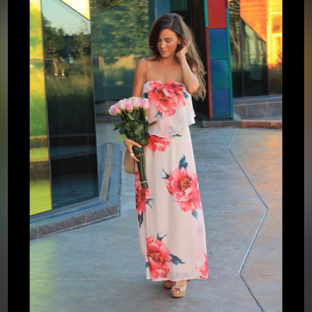 JODI KRISTOPHER FLORAL STRAPLESS MAXI DRESS WHITE PINK FLOWERS WEDDING SHOWER - Picture 6 of 7